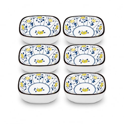 Image of Japanese Ceramic Snack Bowl Set of 6 | 200ml Small Serving Bowls for Dips, Soy Sauce, Chutney & Snacks, Hand-Painted Floral Design, Microwave & Dishwasher Safe (Kyoto Vine)
