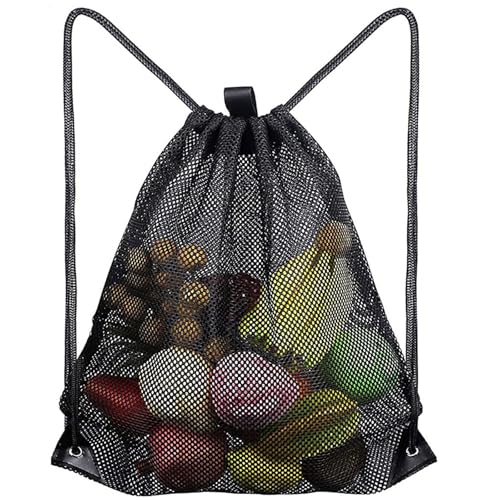 HoAhaMay Bolsa grande de malla con cordón para la playa Bolsa de malla con cordón para el gimnasio Mochila de malla con cordón Bolsa de malla para pelotas para deportes Natación Viajar Camping (Negro)
