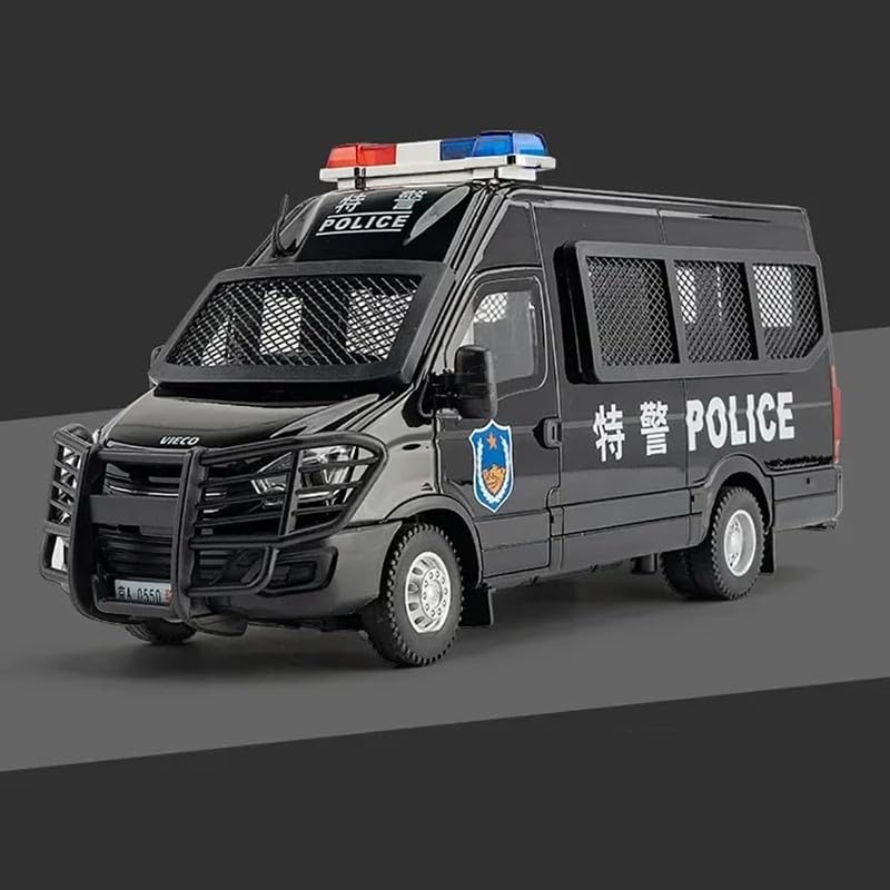 Image of Kids Model 1:24 Van Police Die Cast Metal Car Pull Back Action Opening Doors with Realistic Engine Sound Lights Toy Car Gift for Boys - Black