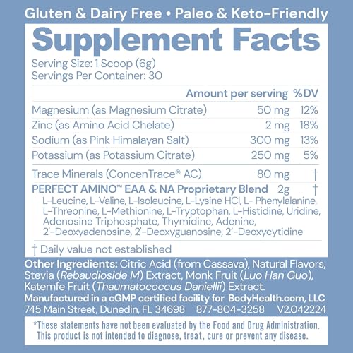 Image of BodyHealth PerfectAmino Electrolyte Powder No Sugar, Hydration Fasting Keto Zero Sugar Electrolytes Drink Mix with Trace Minerals - Lemon Lime - 30 Servings