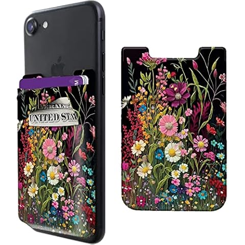 Rossy Cell Phone Wallet Adhesive Card Holder Stick on Wallet Pocket Lycra Credit Card ID Case With Wildflowers Stylish Pattern for Back of Phone for All Smartphones Cover