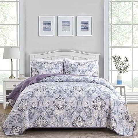 Goodidea Boho Quilt Set King Size,3 Pieces Paisley Quilt Lavender Floral Soft Microfiber Reversible Bedspread Lightweight Coverlet Bedding Set (King, 104"X90") Cover
