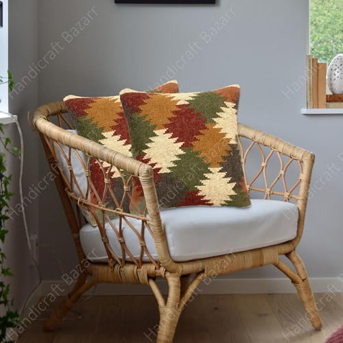 Image of Boho Wool Jute Kilim Cushion Cover Handmade 18x18 Inch Rustic Vintage Pillow Case Decorative Throw Sofa Couch Bench Chair Seat Cushions Farmhouse Living Room Bedroom Decor Pillow Sham (Set-2)