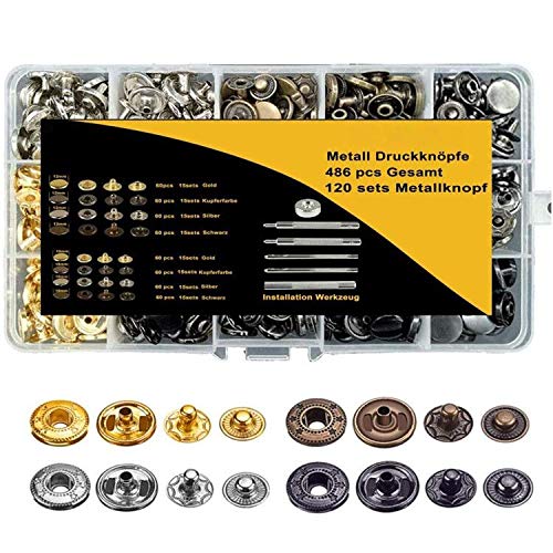 120 Sets Snap Fastener Tool Kit, Metal Snaps Button Leathercraft Rivets Press Studs, 12.5mm and 10mm Leather Snap Fastener Tools Kit Double Cap Brass Rivets for Clothes, Jacket, Jeans Wears, Bag, Belt