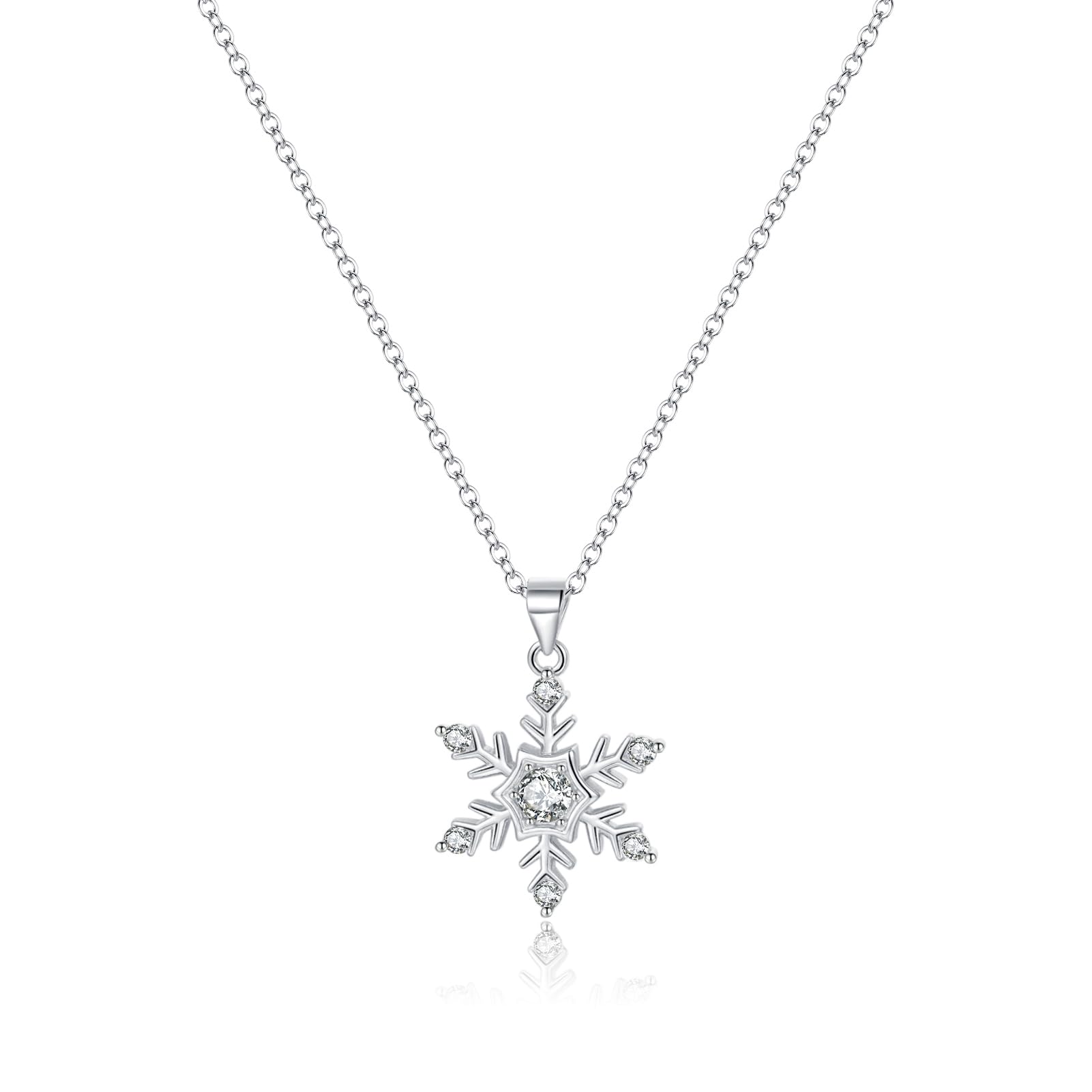 Solid 925 Sterling Silver Snowflake Necklace Chain for Women Teens CZ Snowflake Pendant Necklace (A-Silver)