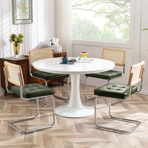 Image of Zesthouse Natural Rattan Dining Chairs Set of 4, Mid Century Modern Dining Room Chairs with Chrome Leg, Faux Leather Kitchen Chair with Solid Wood Back & Cane Mesh, Breuer Cesca Design Inspired, Green
