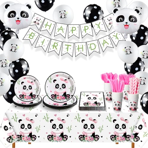 Buryeah Panda Party Supplies - Disposable Tableware Set with Happy Birthday Banner Panda Plates Napkins Balloons Tablecloth Forks Knives Cups and Straws for Girls Birthday