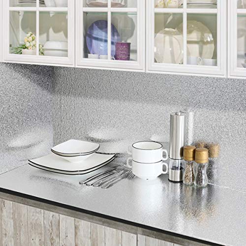 VEELIKE Kitchen Backsplash Wallpaper Peel and Stick Aluminum Foil Contact Paper Self Adhesive Oil-Proof Heat Resistant Wall Sticker for Countertop Drawer Liner Shelf Liner (15.7x118.11inches)