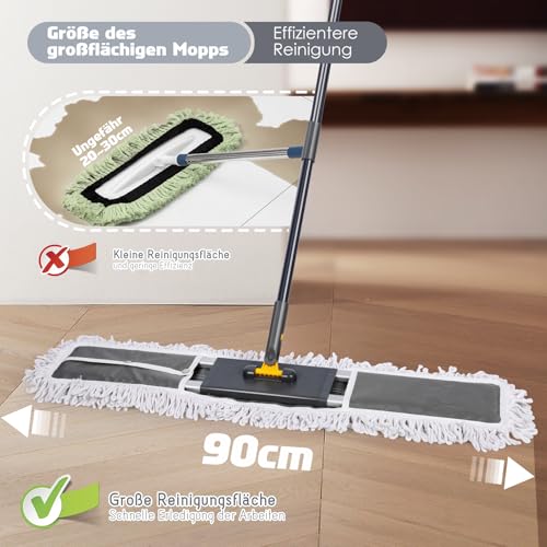 Myiosus Bodenwischer, Wischmopp, 90cm Breit Flachmopp mit 154cm Edelstahlgriff, 360° Drehgelenk,...