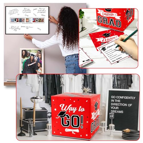 Image of DAZONGE Graduation Decorations 2025 Red - 1 Graduation Card Box with 30 Advice Cards and 1 Guestbook Signature Board for Graduation Party Decorations, Congrats Grad Class of 2025 Decorations