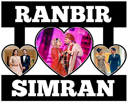 Image of Shrikant Art Personalized Couple Multi-Photo Collage Wall Hanging - Custom Name Wooden Picture Frame with 3 Heart-Shaped Photo Slots for Weddings and Anniversaries