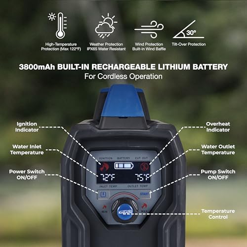 Ducha portátil Kakadu Outback para camping, agua caliente instantánea para uso al aire libre - Diseño delgado, batería recargable de litio, cabezal de ducha ajustable, bomba delgada, pantalla digital miniatura 4