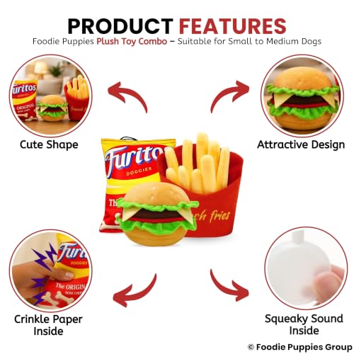 Image of Foodie Puppies 3-in-1 Squeaky Plush Dog Toy Combo (Chips, Burger & French Fries) for Small to Medium Dogs | Durable Bite-Resistant Chew Toys with Crinkle Sound | Soft & Safe for Teething
