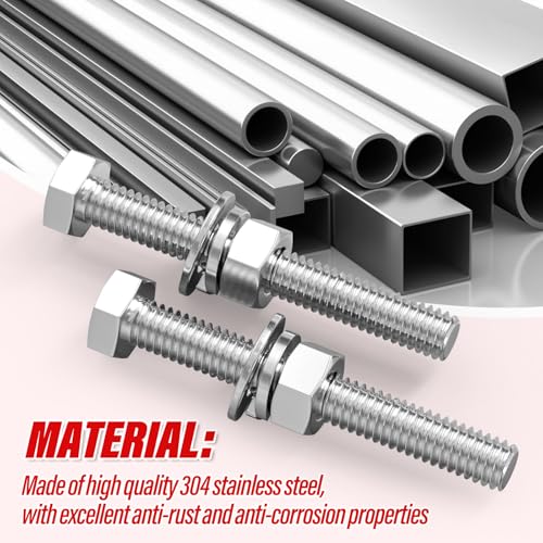 Image of 5PCS 1 /2-13 x 4 304 Stainless Steel External Hex Bolt, Fully Threaded Bolt with Nut Flat & Lock Washers and Spanner
