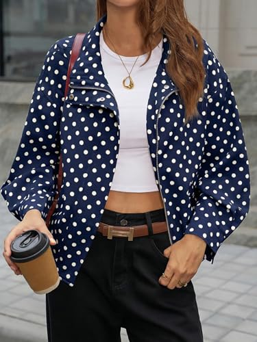 Image of Tankaneo Womens Zip Up Cropped Jackets Polka Dot Oversized Jackets Spring Lightweight Trendy Casual Coats