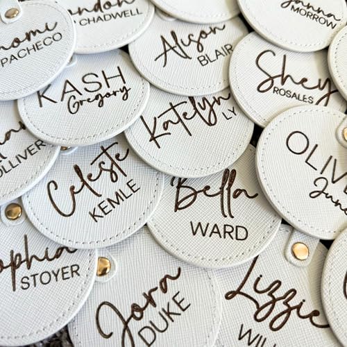 Personalized Tags, Diaper Bag Keychain, Booksack Tag, Backpack Label, Leather Keychain, Personalized Name for Bags, Luggage Tag, Engraved (White, First Name Script, Second Name Print)2
