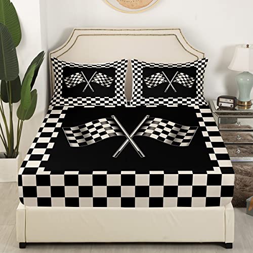 Black White Flag Fitted Sheet,Full Size Geometric Grid Collections Racing Theme Theme,Soft Decorative Fabric Bedding Deep Pocket for Children Teens Young Boys Girls,with 2 Pillowcases