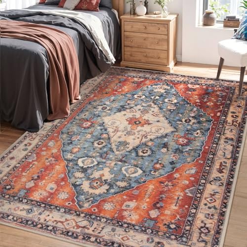 SERISSA Bedroom Rug 4x6 Boho Tribal Rug, Vintage Washable Area Rugs Non Slip, Ultra Soft Print Distressed Low-Pile Throw Carpet for Bedroom Nursery Dorm Kitchen Living Room Decor