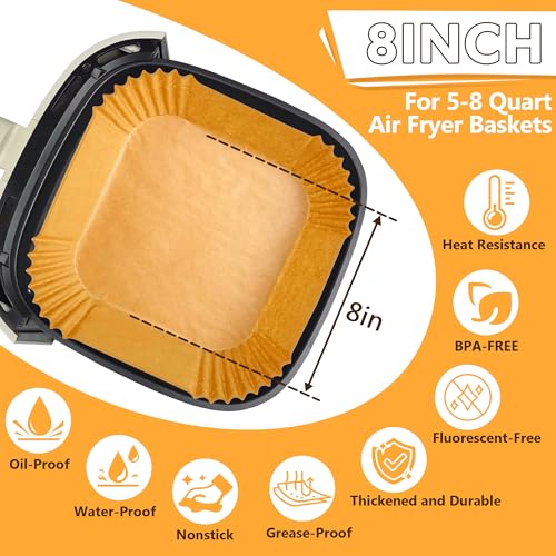 ReLuien 200pcs Air Fryer Liners, 8.7" Square Parchment Disposable Paper Liner for Air Fryer, Baking, Roasting and Microwave, Non-Stick liner Accessories