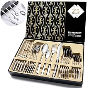 Kaihuixiang Cutlery Set, 6 People Stainless Steel Knife Fork Spoon Cutlery Set, Highly Polished, Dishwasher Safe, Gift Box Set for Everyday Use at Home, Banquet, Wedding