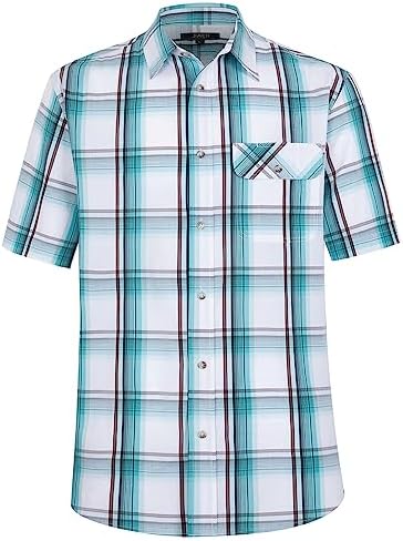 JIAER Men's Casual Stylish Short Sleeve Button-Up Plaid Shirts Cotton Shirt L06
