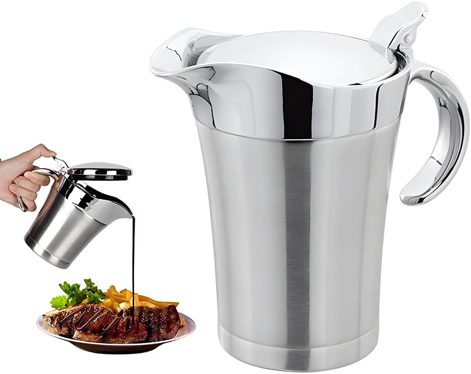 Stainless Steel Thermal Gravy Boat 750 ml Sauce Bowl Thermal Gravy Boat with Lid Double Walled Stainless Steel Elegant Silver Sauce Jug for Sauce Cream Sauce Mustard Mayonnaise