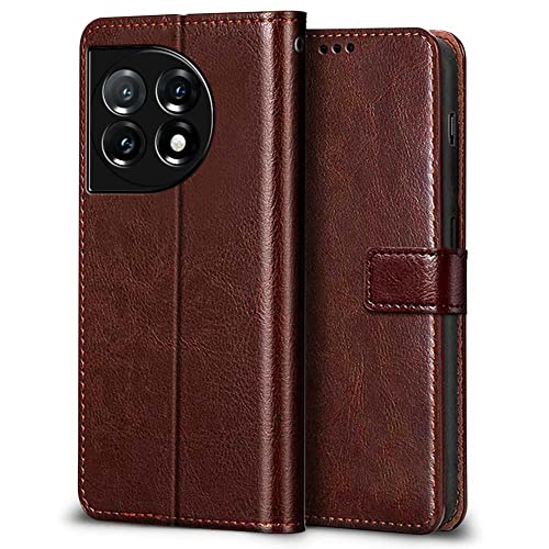 Image of WOW IMAGINE Shock Proof Flip Cover Back Case Cover for 1+ OnePlus 11R 5G (Flexible | Leather Finish | Card Pockets Wallet & Stand | Chestnut Brown)