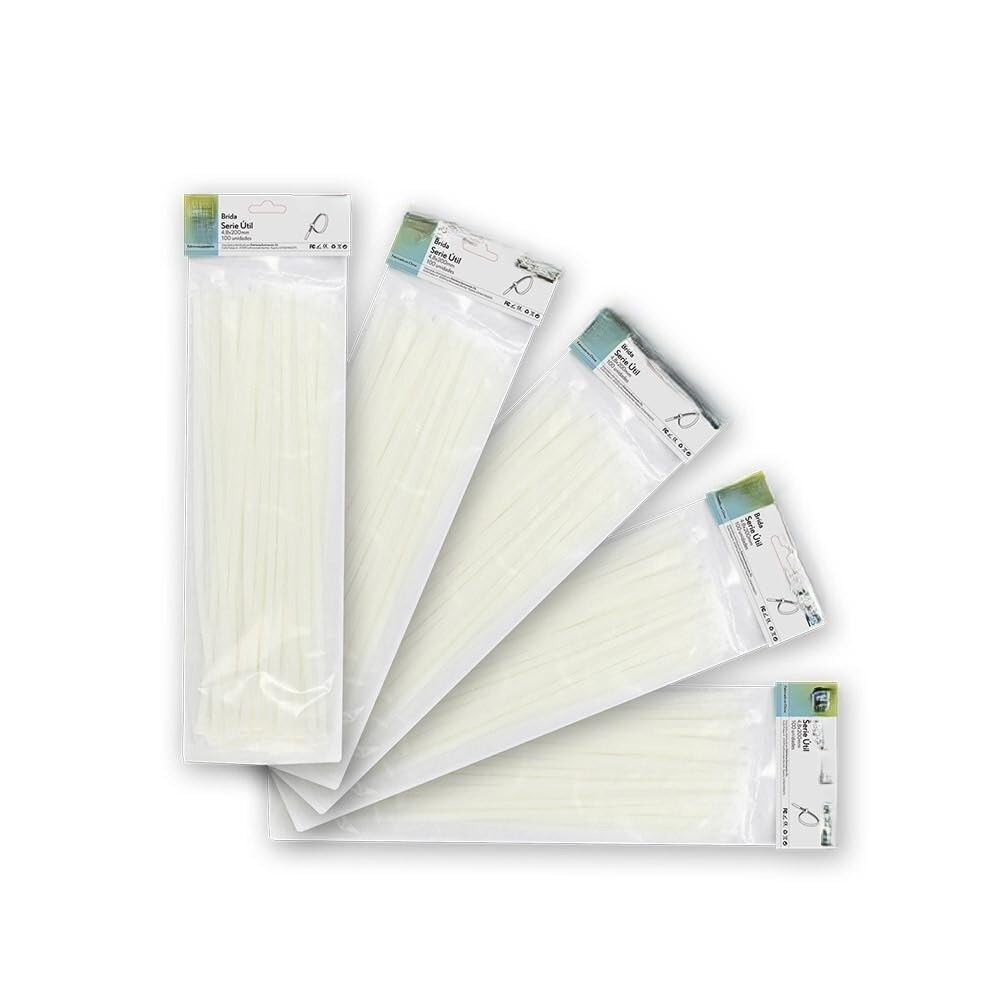 Bag of 100 White Cable Ties 4.8 x 200 mm 66 Nylon, Strong and Durable, Ideal for organizing Cables and Fixing Objects.