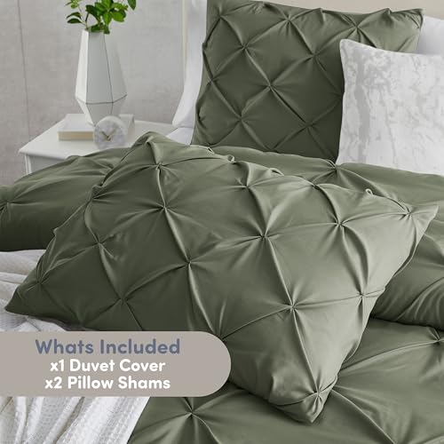 Image of Nestl Olive Green Duvet Cover Full Size - Soft Double Brushed Duvet Set with Button Closure & Corner Ties, 3 Piece Luxurious Pinch Pleated Duvet Cover Set 80x90 Inches with 2 Pillow Shams