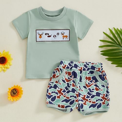 Baby Boy Hunting Outfits Duck Deer Embroidery Short Sleeve T-Shirt Jungle Camo Shorts Set Toddler Summer Clothes2