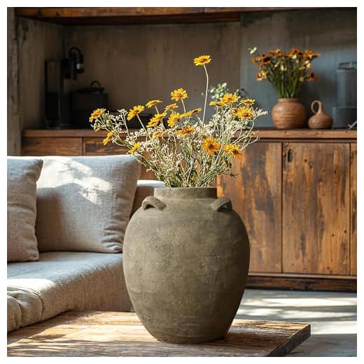 LuxenHome Rustic Ceramic Flower Vase,15 Inch Tall Brown Terracotta Cauldron Vase for Living Room Decor，Large Floor Vase Home Décor Accents,Round Vintage Pottery Vases Home Decor