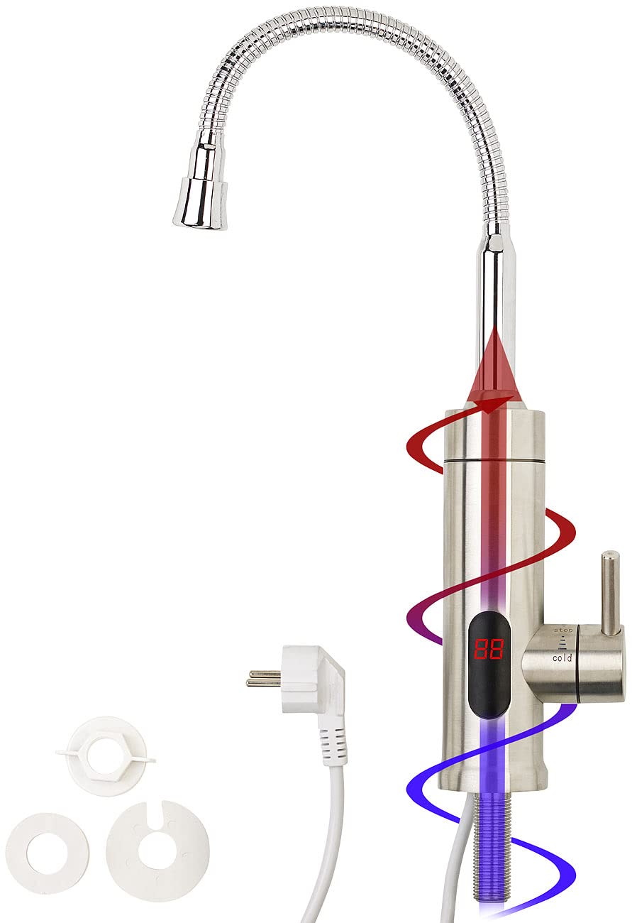 Rosenstein & Söhne Elektrischer Wasserhahn: 2in1-Edelstahl-Armatur & Durchlauferhitzer, LED-Display, 60 °C, 1/2" (Durchlauferhitzer Wasserhahn, Duscharmatur mit, Bad)