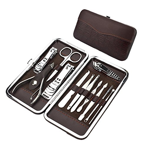 Manicure Pedicure Kit - 12 PCS Nail Clippers Set, Professional Grooming Kit, Nail Tools with Brown Travel Case
