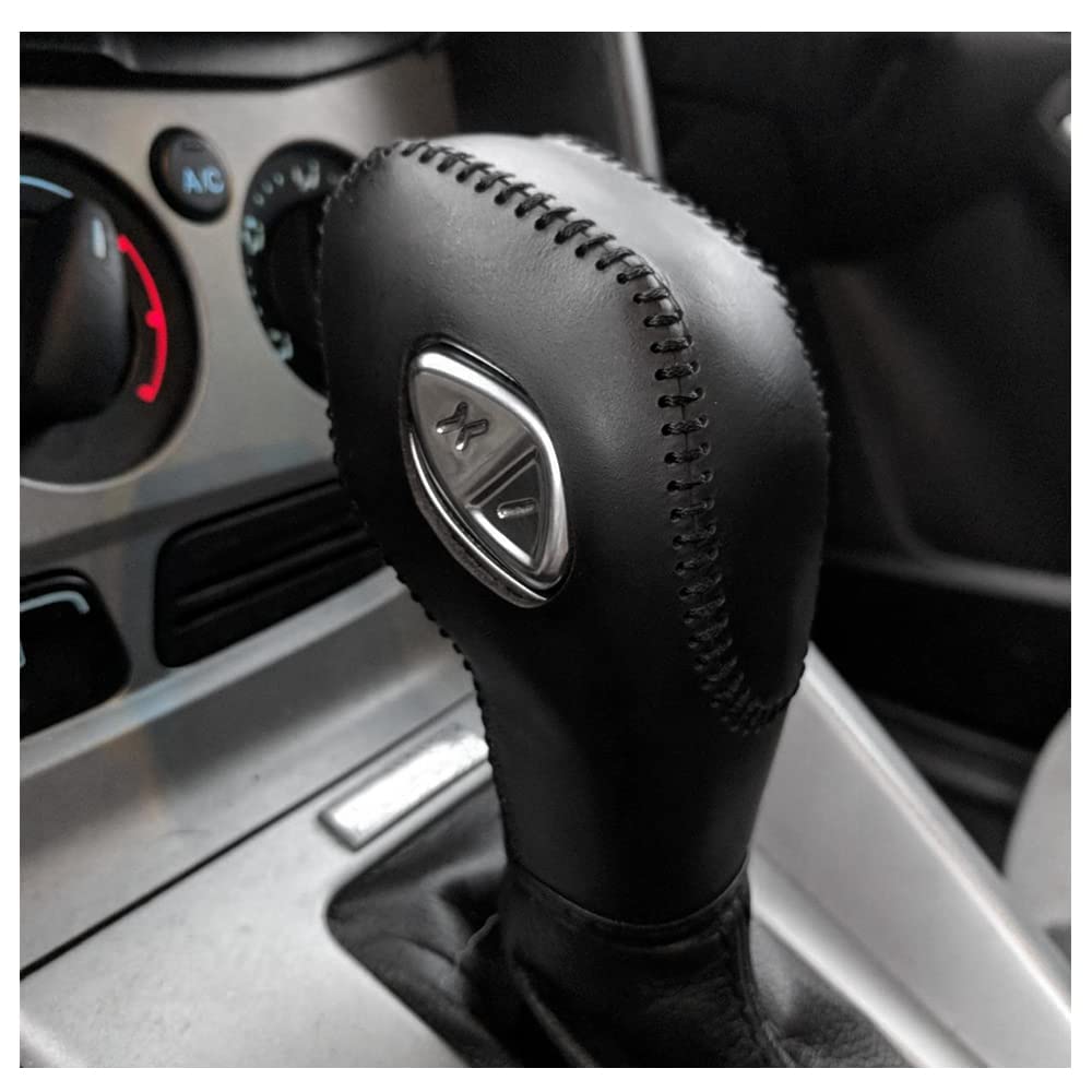 Gear Shift Knob Cover for Fusion/Escape/Focus/Fiesta Auto Leather Shifter Knob Trim for EcoSport/Transit/C-Max Accessories (Black with Black Stitches)