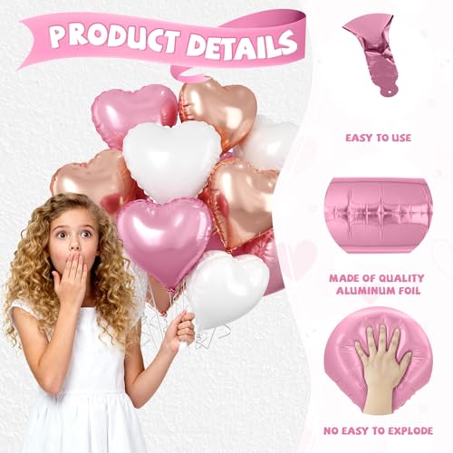 Image of Rose Gold Heart Balloons, 10 Pcs Light Pink Heart Shaped Balloon, 18 Inch Rose Gold and White Foil Balloons Helium for Girls Women Brithday Bridal Baby Shower Wedding Valentines Party Decorations