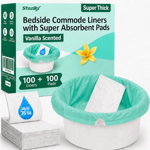 Stazilix Bedside Commode Liners with Absorbent Pads 100 Liners + Pads for Elderly Adults and Seniors