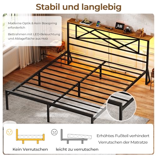 DICTAC Bettgestell 160x200 mit LED Beleuchtung Bett 160x200 mit Steckdose und USB-Ladefunktion &Holzkopfteil Metallbett mit Lattenrost aus Metall,Bettrahmen mit Stauraum unter dem Bett, Höche 32