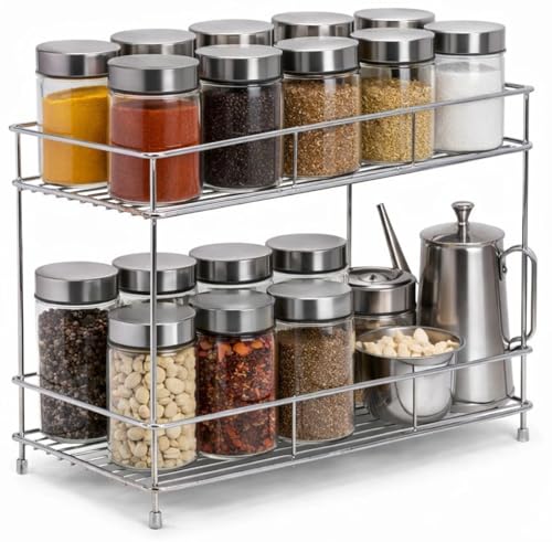 Image of Kitchen Organizer Rack Stainless Steel 2 Tier Kitchen Shelf Organizer for Countertop Storage Spice Stand Multipurpose Rack for Kitchen Storage Shelf Stand for Home and Office Use