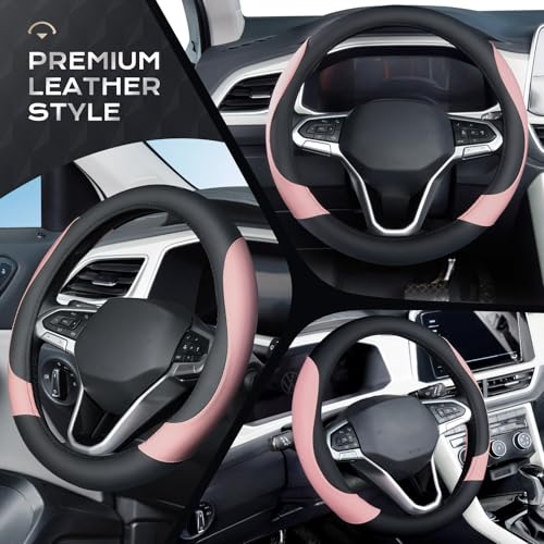 Image of Coverado Car Steering Wheel Cover, Nappa Leather Black & Pink Steering Wheel Covers for Women, Universal 14-15 inch, Anti-Slip, Breathable Steering Wheel Protector