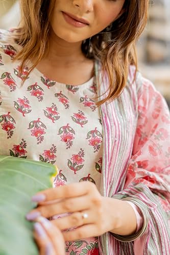 Image of MIRCHI FASHION Women's Straight Fit Pure Cotton Embellished Floral Printed Kurta Set with Dupatta and Trouser