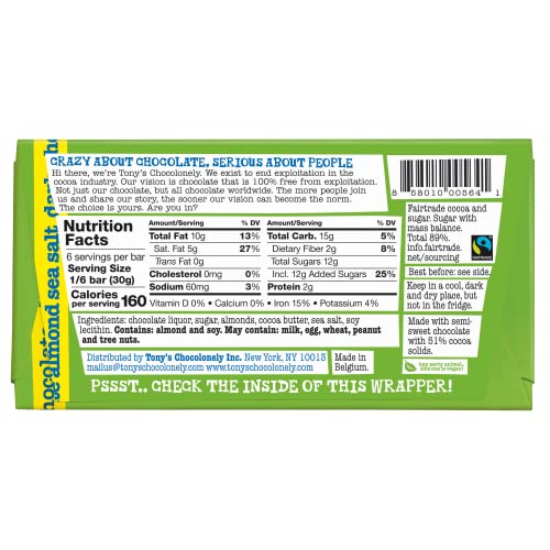 Tony's Chocolonely 51% Dark Chocolate Bar With Almonds & Sea Salt - Dark Chocolate Candy Bar, Holiday Gift, Belgium Chocolate, No Artificial Flavoring, Fairtrade & B Corp Certified - 6.35 Oz, 4 Bars #TOP2