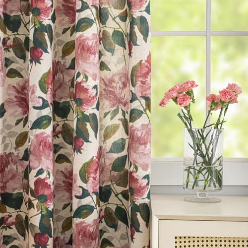 Image of ALIGOGO Pink Linen Floral Curtains 108 Inches for Living Room, 2 Panels