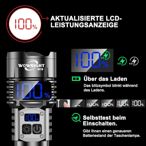 WOWNIGHT Starke Taschenlampe LED Aufladbar 1,000,000 LM, 50W - 1600m – Ansicht 5