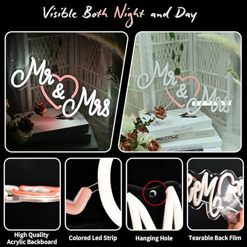 Image of Mr and Mrs Neon Sign for Wedding, Dimmable Mr & Mrs Led Light Up Sign USB Operated for Engagement Party Decorations, Neon Wedding Sign with Heart for Banquet Wall Decor Anniversary Valentines Day Gift