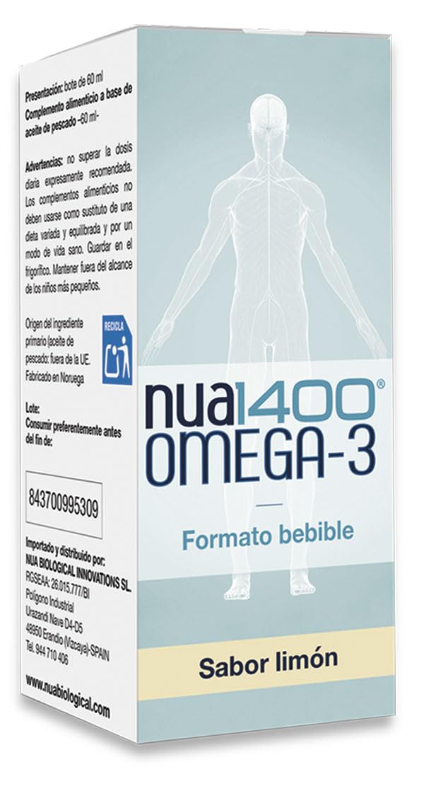 Nua Biological Nua1400 Omega-3 – Omega 3 Alta Concentración – 60 ml (24 Días) – 1470 mg por Dosis (1155 mg DHA + 230 mg EPA) – Forma Triglicérido – Formato Líquido, Sabor Limón – Sin Grasas Vacías