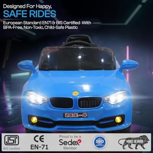 Image of Toyzone Zee-4 Electric Car (Blue) | 12V Rechargeable Car for Kids with 4.5ah Battery | LED Lights, Music, MP3 /USB /BT | Smooth Acceleration | 6M Battery Warranty | Age 2-9 Years, Upto 35 kg