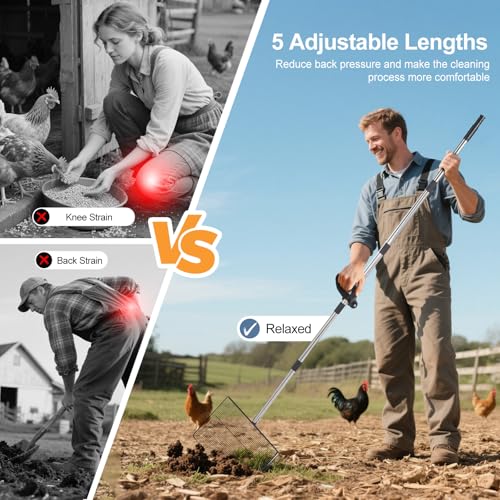 Image of 15inch Large Chicken Poop Scooper with Ergonomic Grip, 5 in 1 Adjustable Chicken Coop Pooper Shovel (24 to 76.5 inch), Stainless Steel Litter Sifting Shovel Scoop for Chicken Coop /Goat Stall /Stable