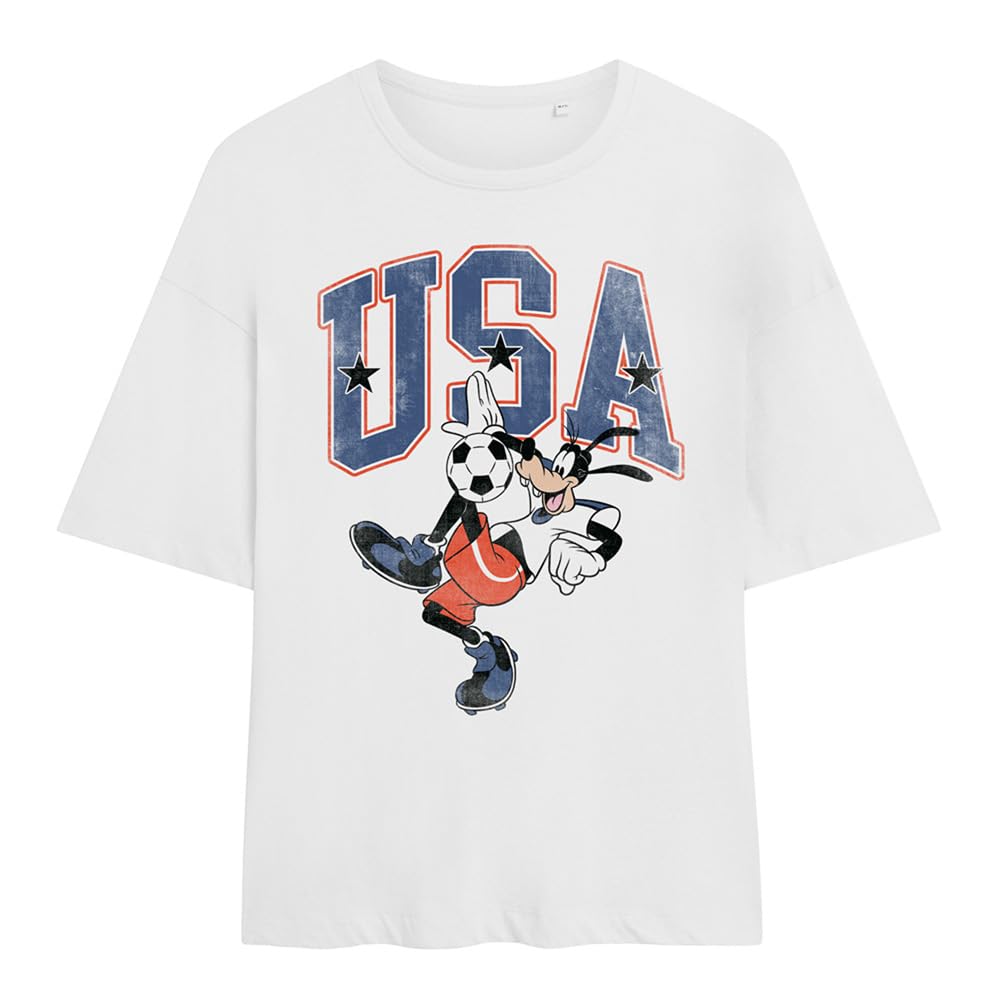 Disney Women's Goofy Football Usa Oversized T-Shirt, White | Size: Large