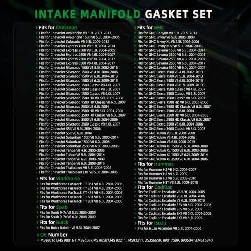 Image of Intake Manifold Gasket Set, for Chevy /for GMC, for Cadillac Escalade, for Workhorse FasTrack, for Hummer H2 /H3 /H3T, for Saab 9-7x, for Buick Rainier, for Isuzu Ascender,00-17,6.2 /6.0L, MS16340