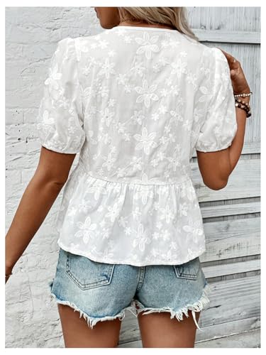 SweatyRocks Women's Tie Front Blouses Ruffle Crewneck Short Puff Sleeve Shirts Tops2